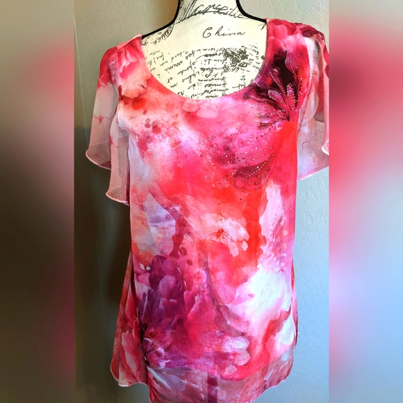 OneWorld Tops - Floral Asymmetr Sheer Flow Blouse w/ Attached Solid Shirt Underneath by OneWorld